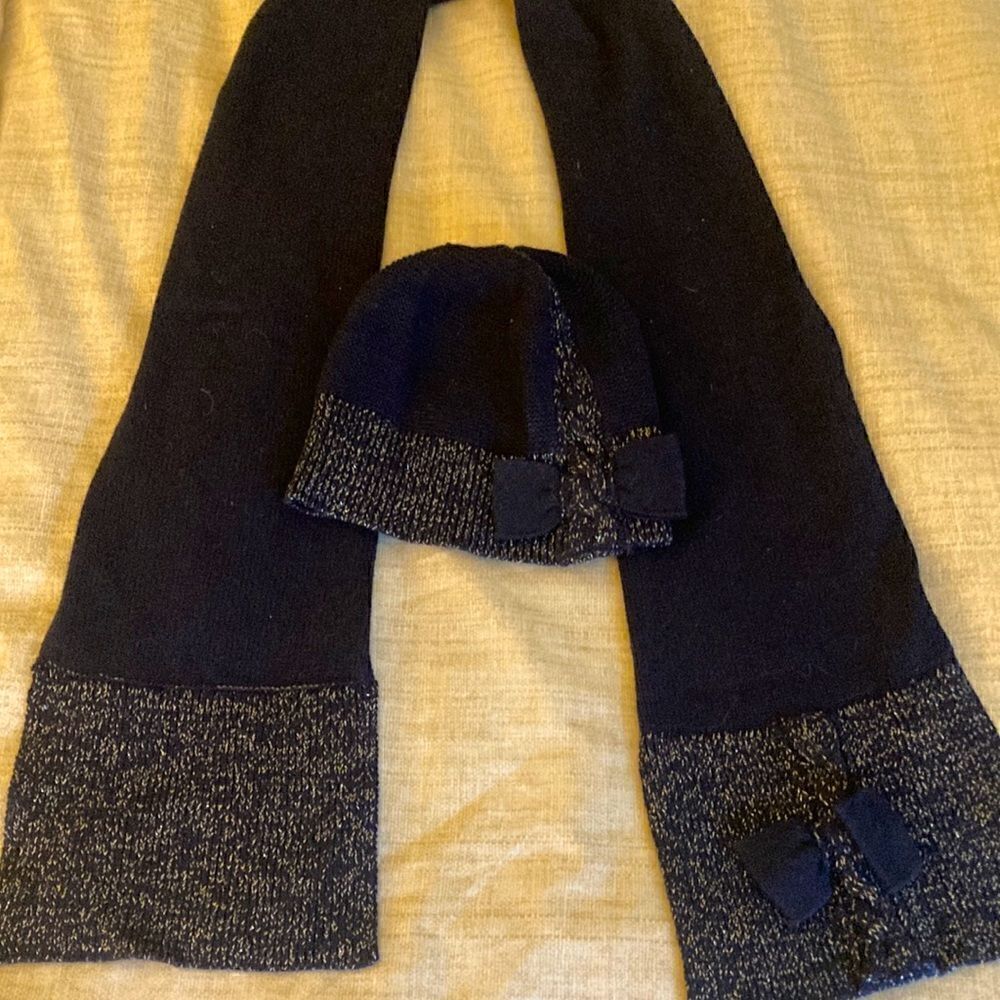 Jacadi Girls Matching Embellished Scarf & Hat Set in Navy / Gold Metallic.